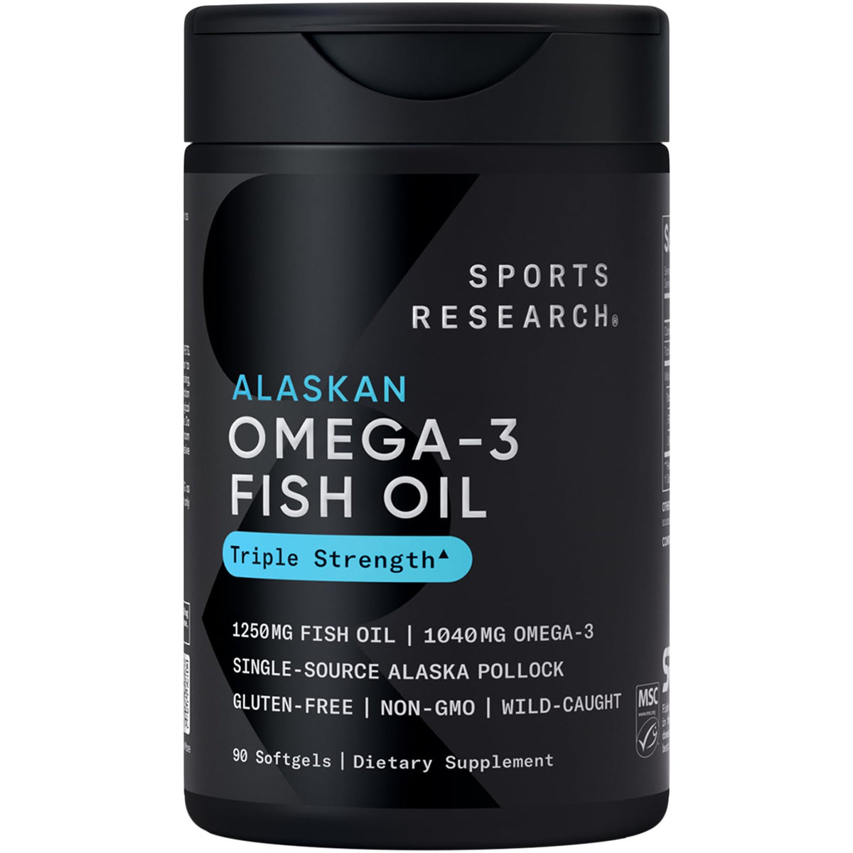 Sports Research Omega-3 triple-strength bottle front view highlighting potency and freshness