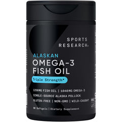 Sports Research Omega-3 triple-strength bottle front view highlighting potency and freshness