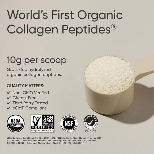 Sports Research Organic Collagen Peptides tub label highlights grass-fed source