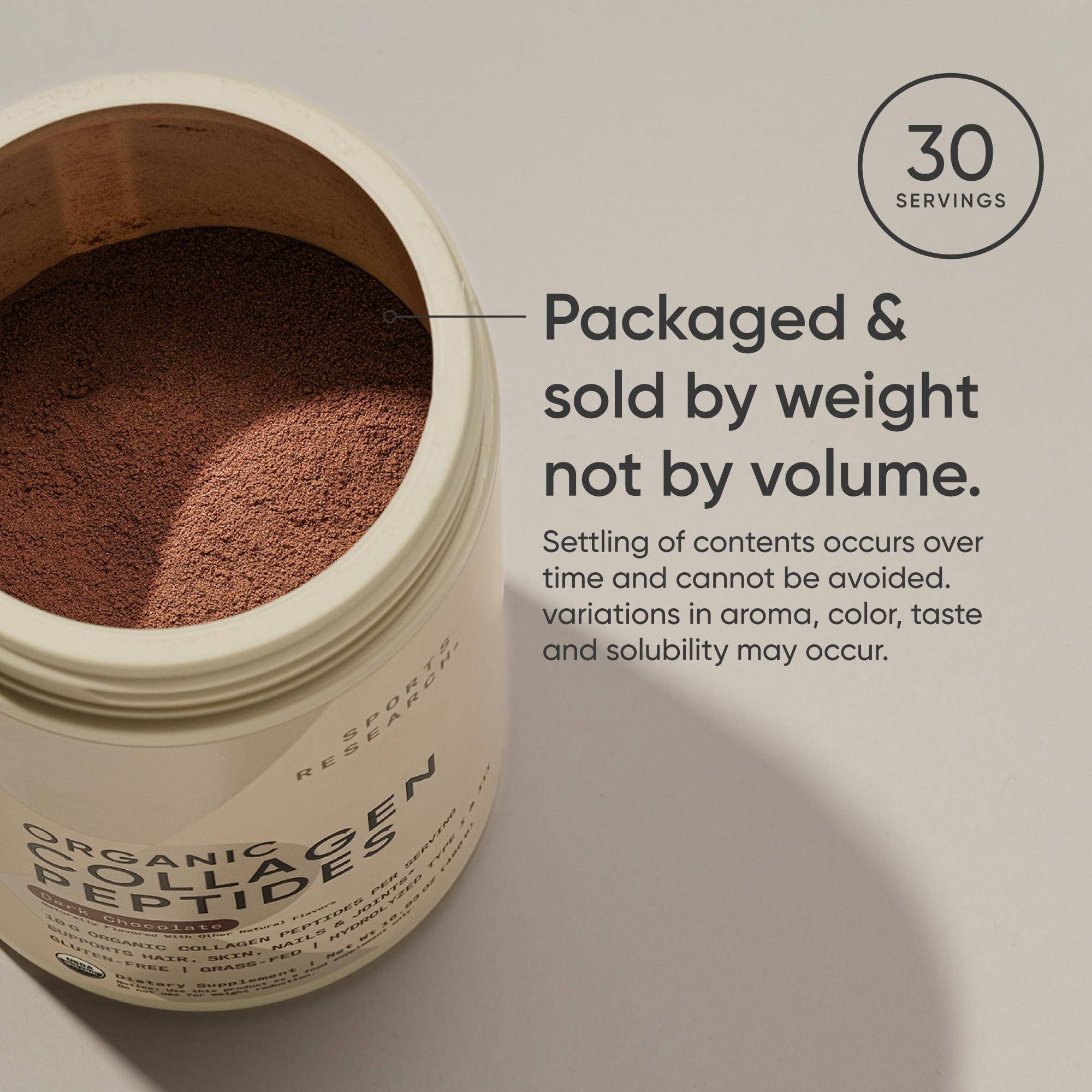 Sports Research Organic Collagen Powder bottle close-up with USDA Organic and gluten-free marks