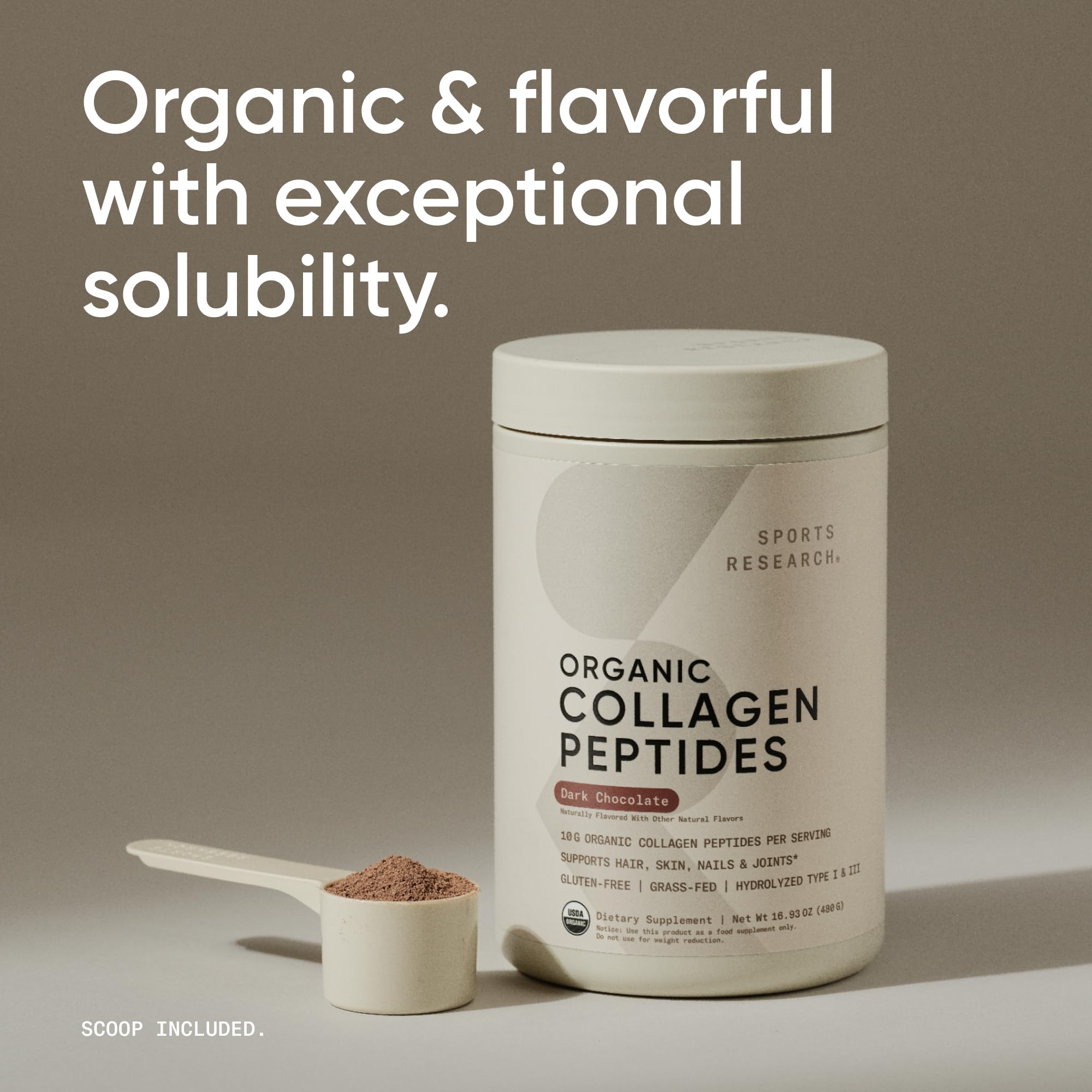Sports Research Organic Collagen Powder dark chocolate flavor enhances daily use
