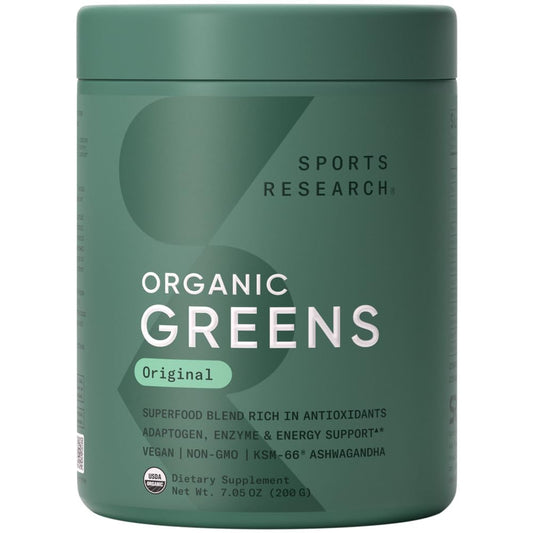 Sports Research Organic Greens Original bottle ready for daily digestion and energy support.
