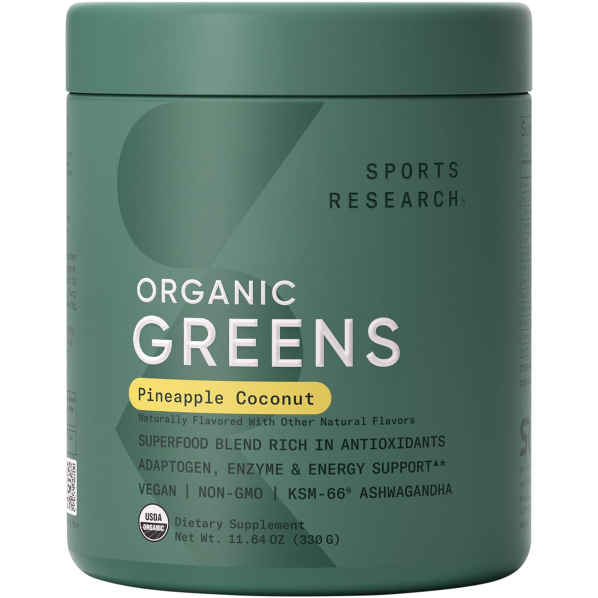 Sports Research Organic Greens powder tub label signals organic ingredients for daily wellness.