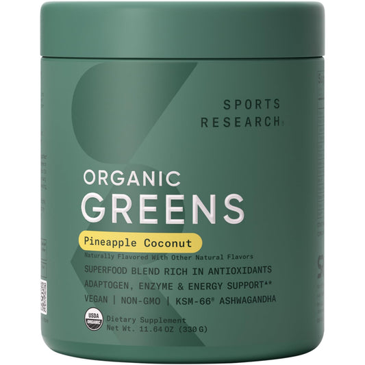 Sports Research Organic Greens powder tub label signals organic ingredients for daily wellness.