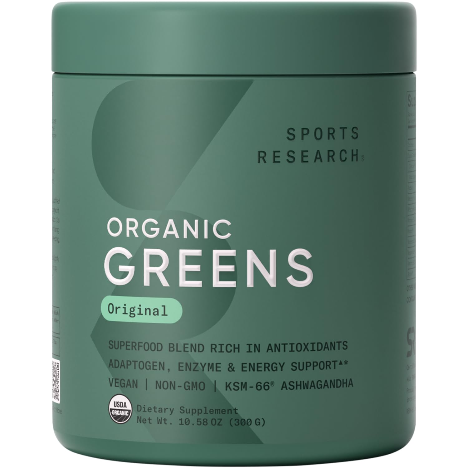 Sports Research Organic Greens Powder tub with a vibrant label supports daily greens intake.