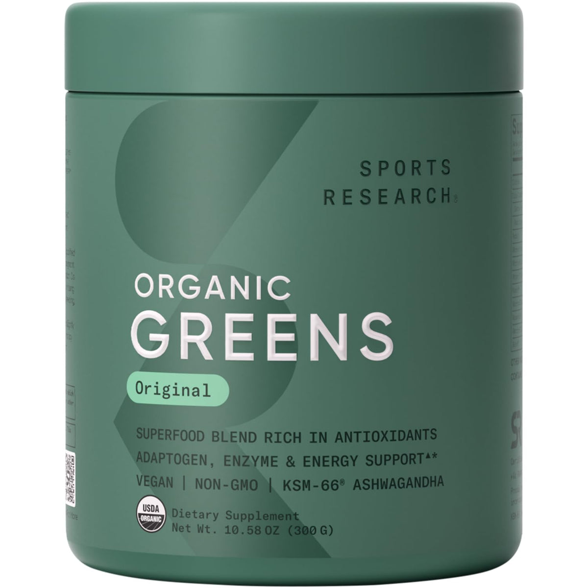 Sports Research Organic Greens Powder tub with a vibrant label supports daily greens intake.