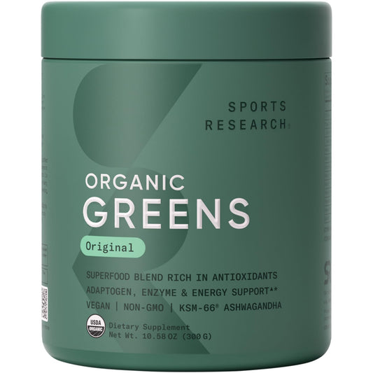 Sports Research Organic Greens Powder tub with a vibrant label supports daily greens intake.