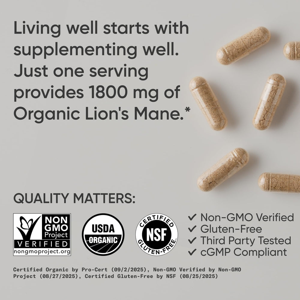 Sports Research Organic Lions Mane 90-count pack emphasizes ready-to-use daily supplementation