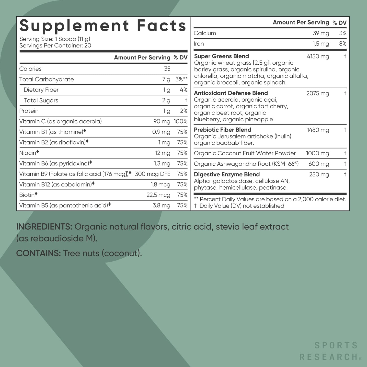 Sports Research Pineapple Coconut Greens ingredient chart shows baobab and Jerusalem artichoke fiber