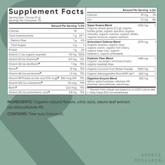 Sports Research Pineapple Coconut Greens ingredient chart shows baobab and Jerusalem artichoke fiber
