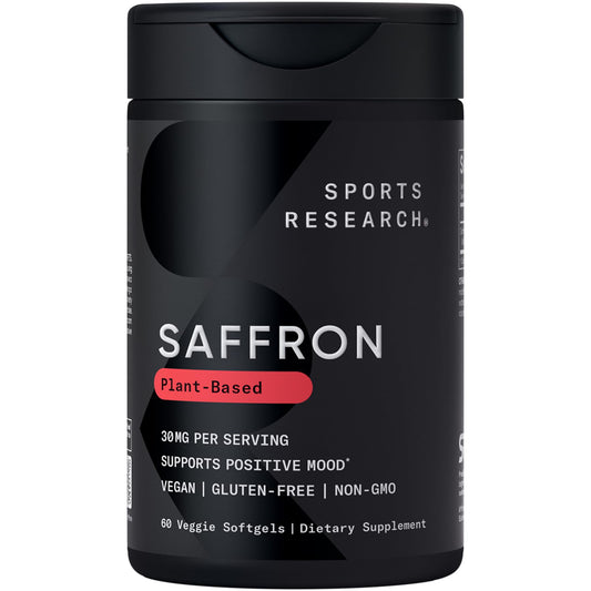 Sports Research Pure Saffron softgels bottle for daily mood support.