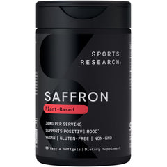 Sports Research Pure Saffron softgels bottle for daily mood support.