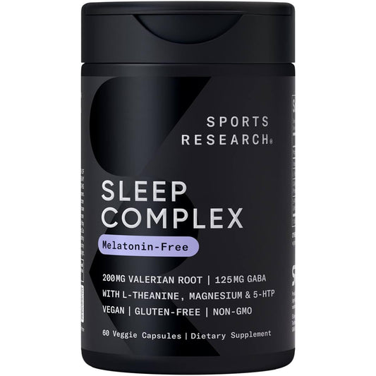 Sports Research Sleep Complex bottle front showing a melatonin-free vegan formula for restful nights.