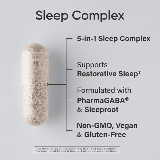 Sports Research Sleep Complex capsules close-up highlighting plant-based sleep support.