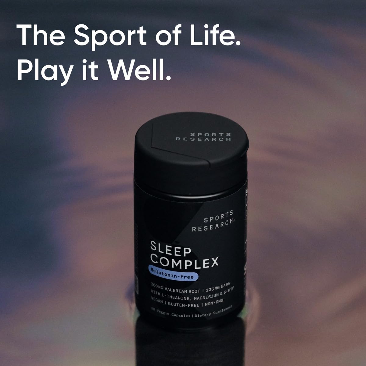 Sports Research Sleep Complex bottle beside nightstand for nightly routine.