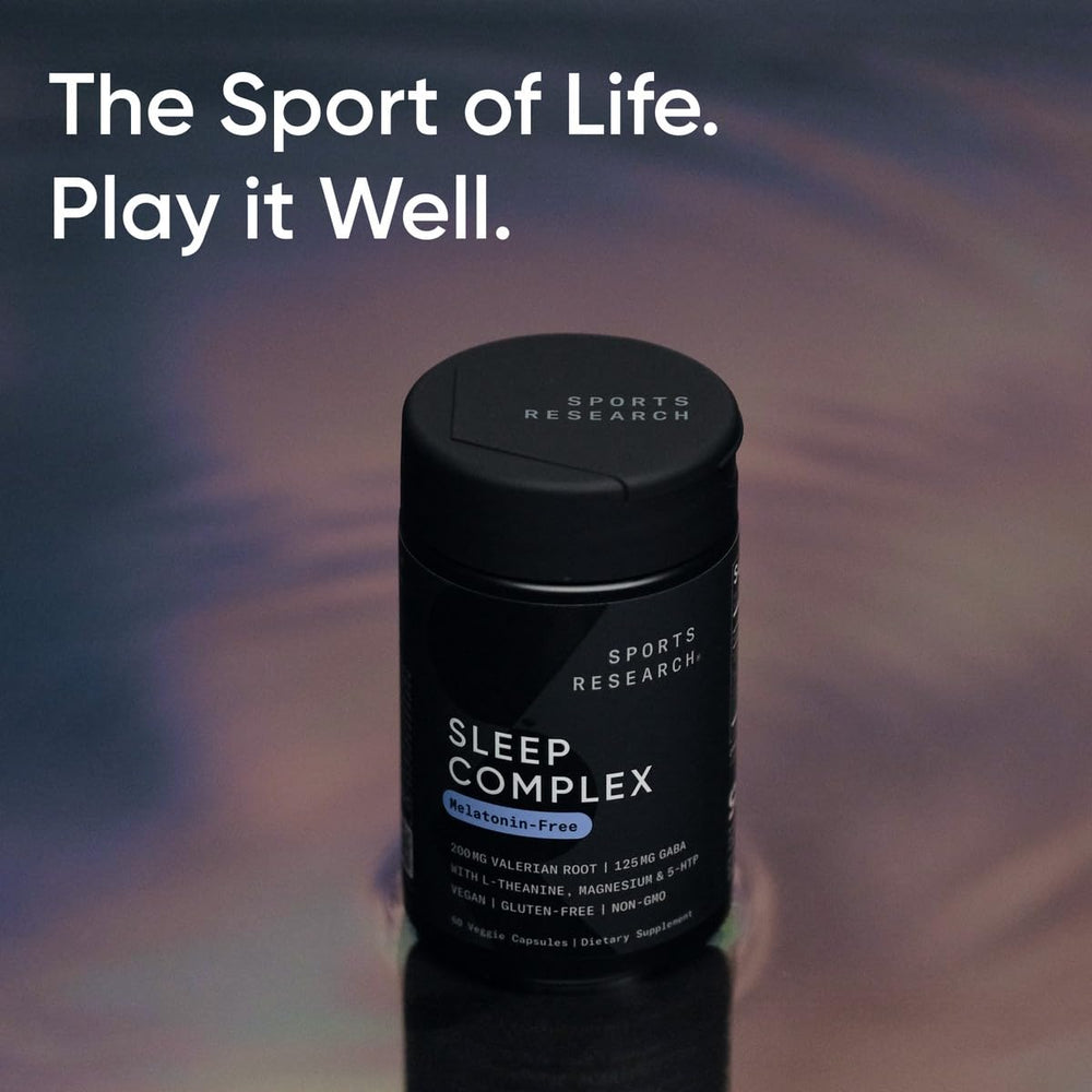 Sports Research Sleep Complex bottle beside nightstand for nightly routine.