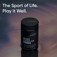 Sports Research Sleep Complex bottle beside nightstand for nightly routine.