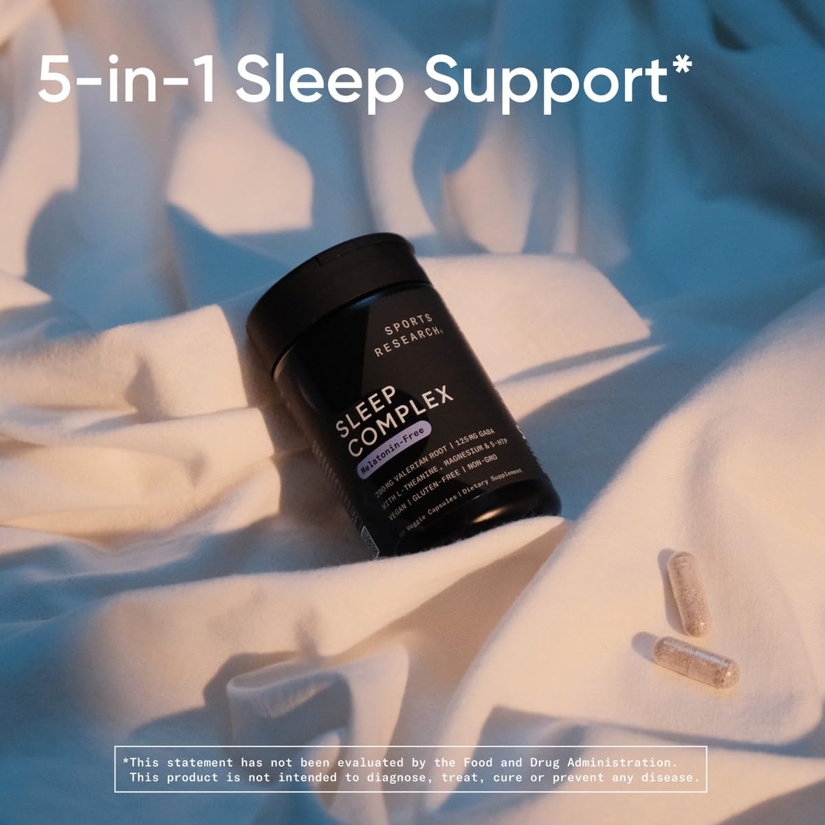 Sports Research Sleep Complex vegan verified badge emphasizing non-GMO and clean ingredients.