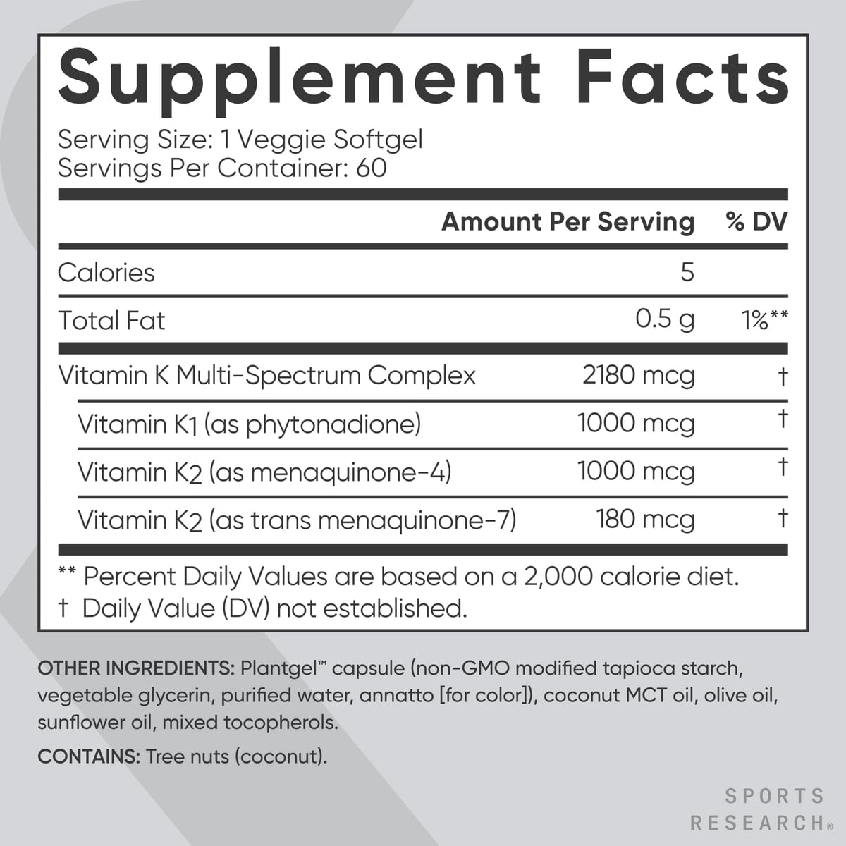 Sports Research three-type vitamin K graphic illustrates K1, MK4, MK7 roles at a glance.