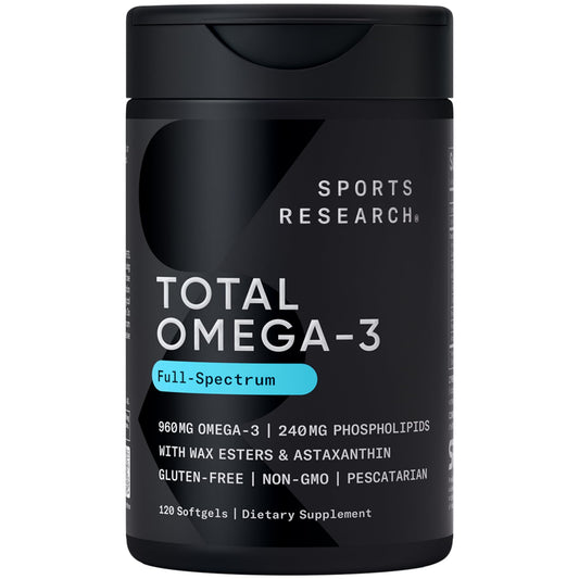 Sports Research Total Omega-3 bottle front view highlighting high potency formulation