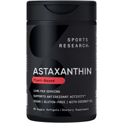Sports Research triple-strength astaxanthin bottle front, high-potency antioxidant support.