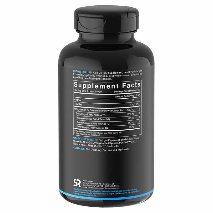 Sports Research Triple Strength Omega-3 softgels close-up suggests potent EPA and DHA per capsule