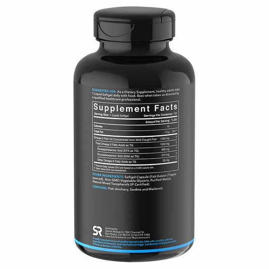 Sports Research Triple Strength Omega-3 softgels close-up suggests potent EPA and DHA per capsule