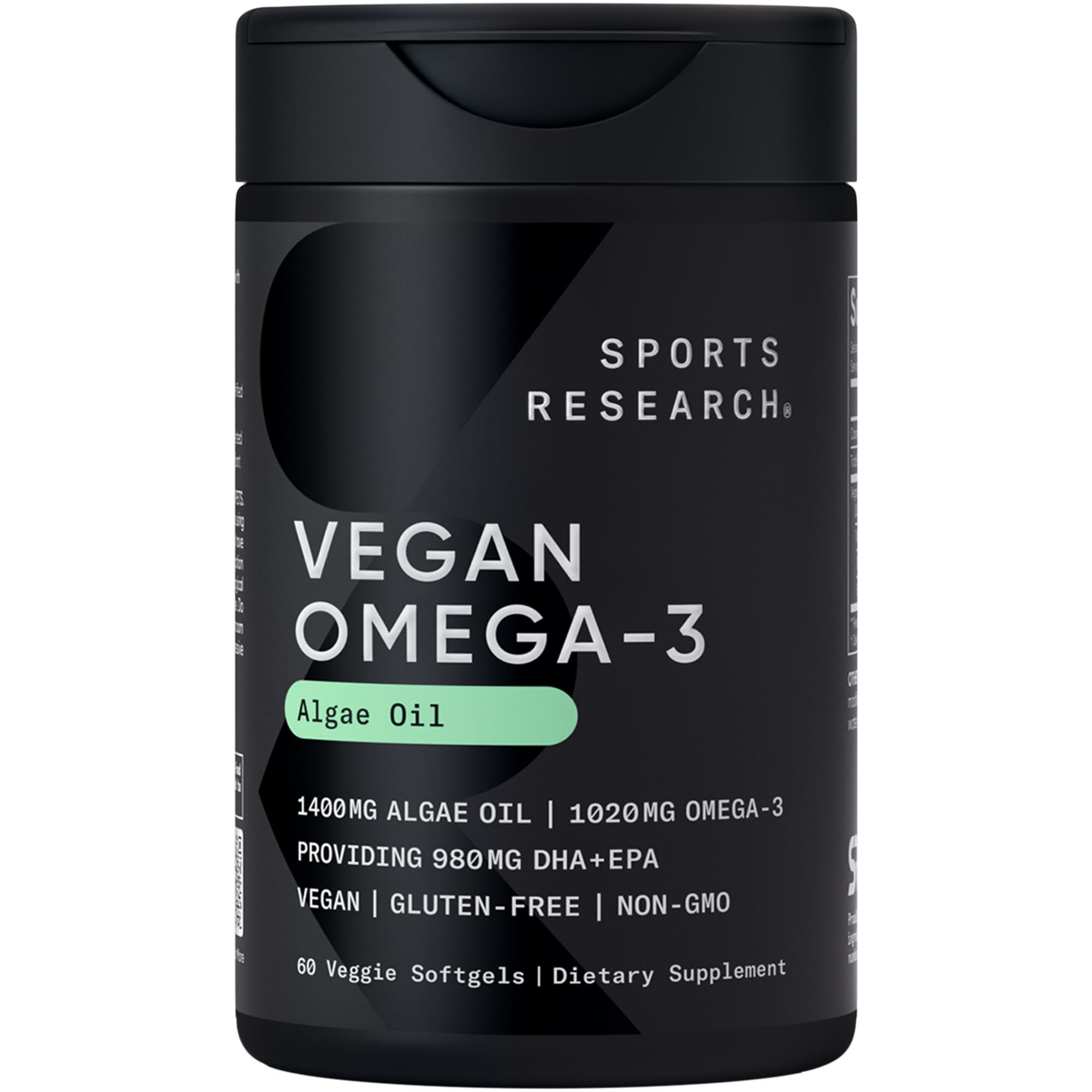 Sports Research Vegan Omega-3 algae softgel bottle closeup highlighting algae-sourced DHA and EPA.