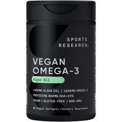 Sports Research Vegan Omega-3 algae softgel bottle closeup highlighting algae-sourced DHA and EPA.
