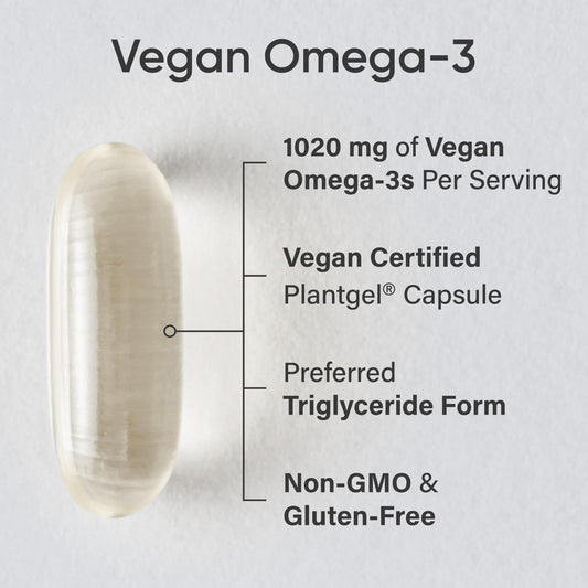 Sports Research Vegan Omega-3 algae softgel interior view shows easy-to-swallow capsules.