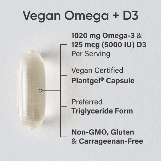 Sports Research vegan omega-3 D3 bottle side view highlighting 60 softgels for daily use.