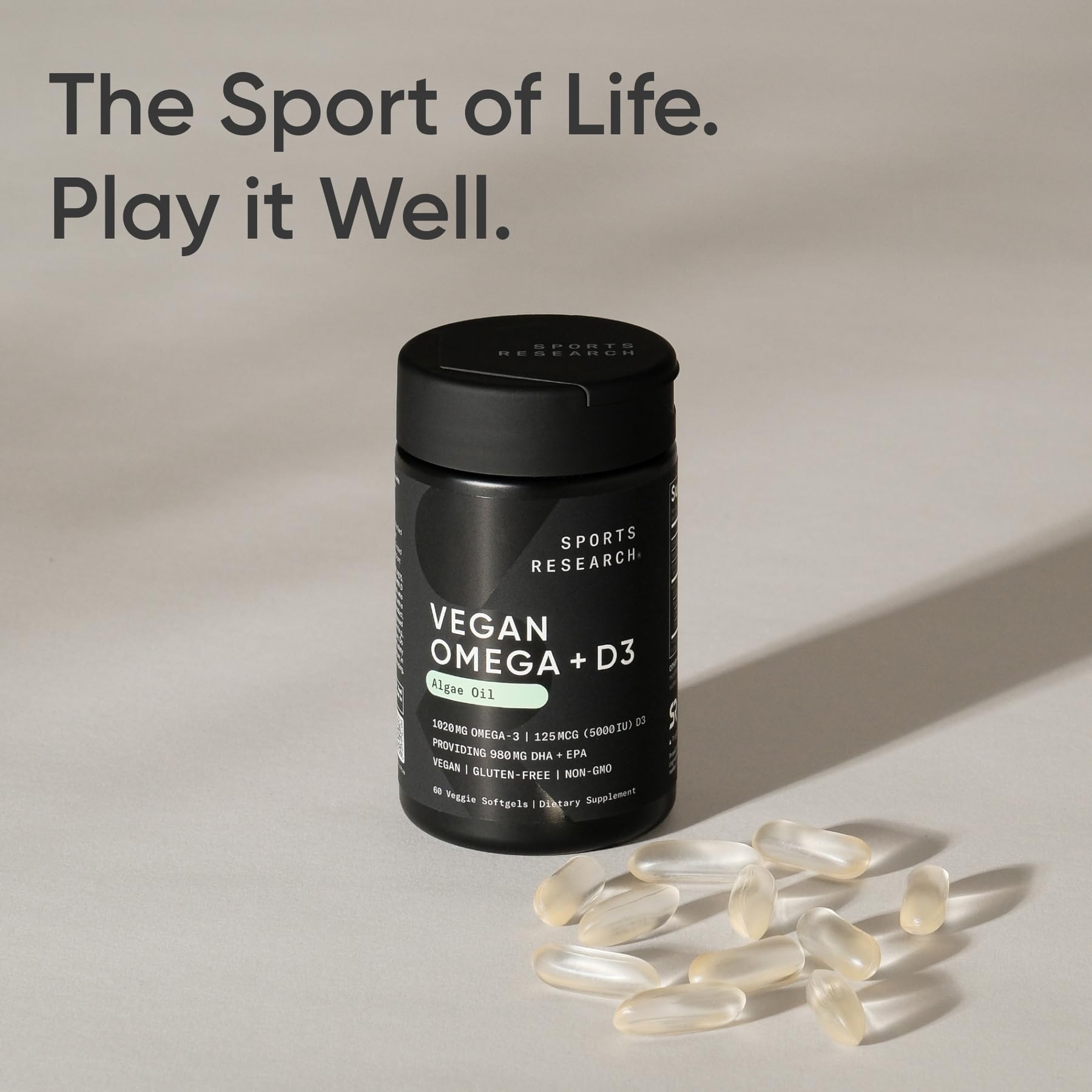 Sports Research vegan omega-3 D3 softgels bottle highlighting gluten-free formula.