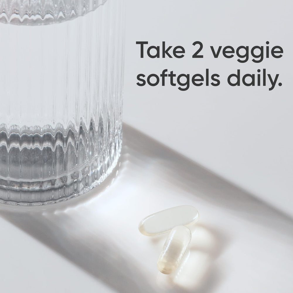 Sports Research omega-3 vegan softgels label detail showing algae-based EPA and DHA.