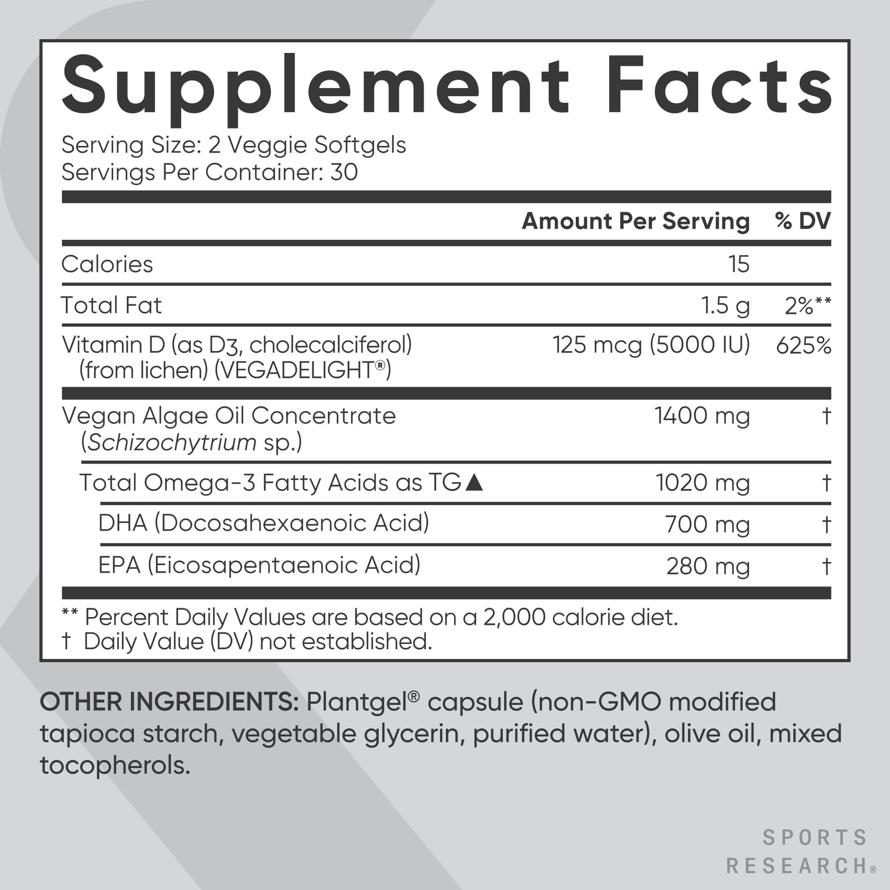 Sports Research omega-3 D3 softgels packaging illustrating non-GMO vegan formula and clarity.
