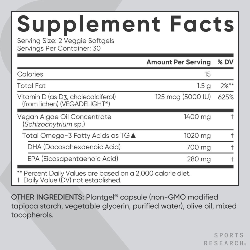 Sports Research omega-3 D3 softgels packaging illustrating non-GMO vegan formula and clarity.
