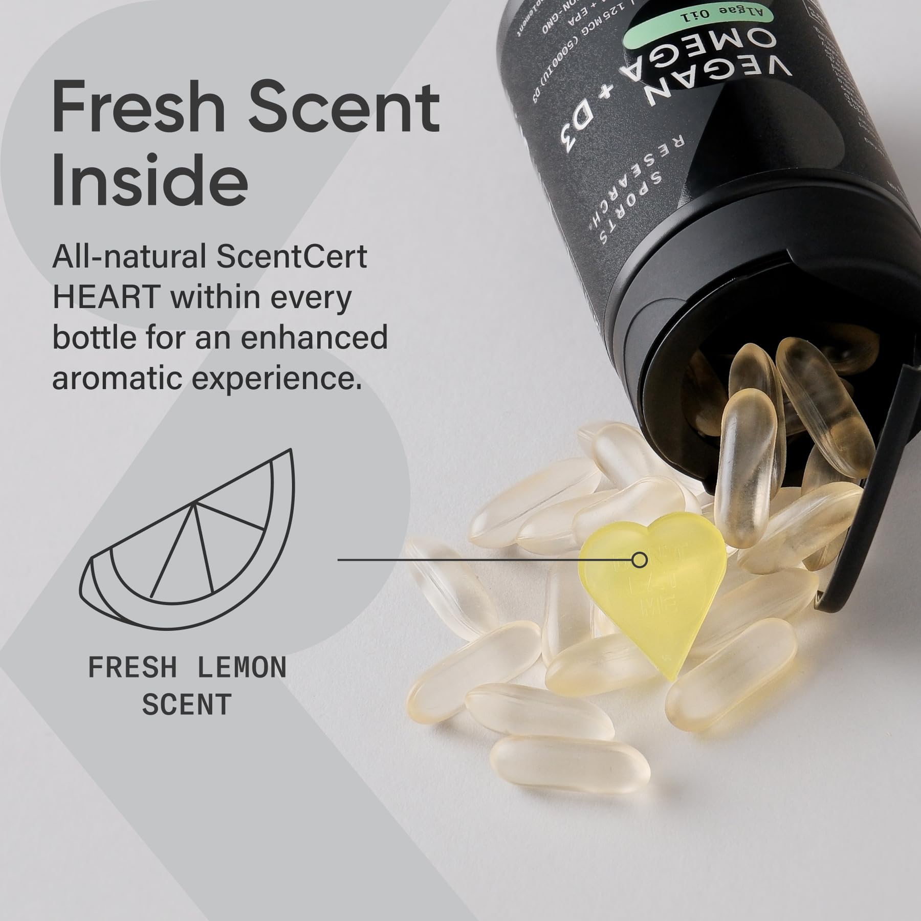 Sports Research vegan omega-3 D3 softgels bottle manufactured in USA for quality control.