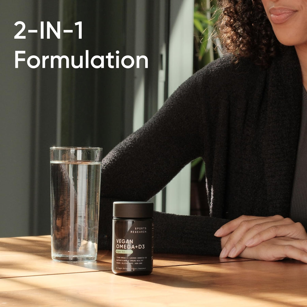 Sports Research vegan omega-3 D3 softgels vegan and non-GMO certification visible on label.