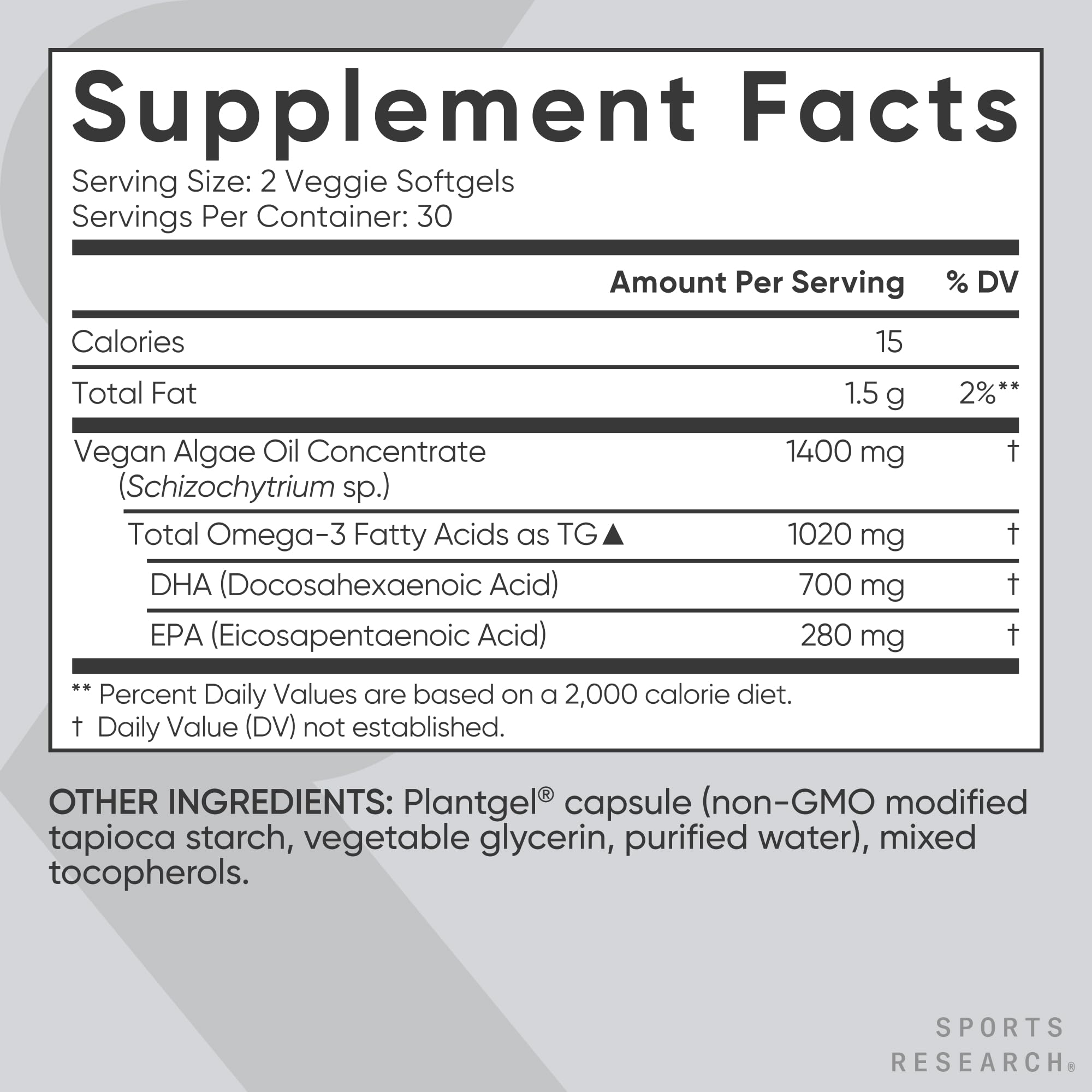Sports Research Vegan Omega-3 per-serving visual showcases 770 mg omega-3 including DHA and EPA.