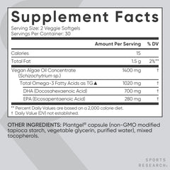 Sports Research Vegan Omega-3 per-serving visual showcases 770 mg omega-3 including DHA and EPA.