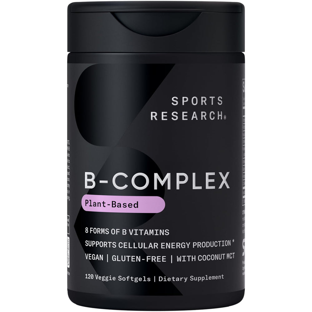 Sports Research Vitamin B-Complex bottle front displaying vegan, gluten-free softgels.