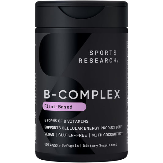 Sports Research Vitamin B-Complex bottle front displaying vegan, gluten-free softgels.