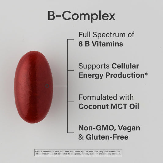 Label close-up showing full B vitamin spectrum and supplement details.