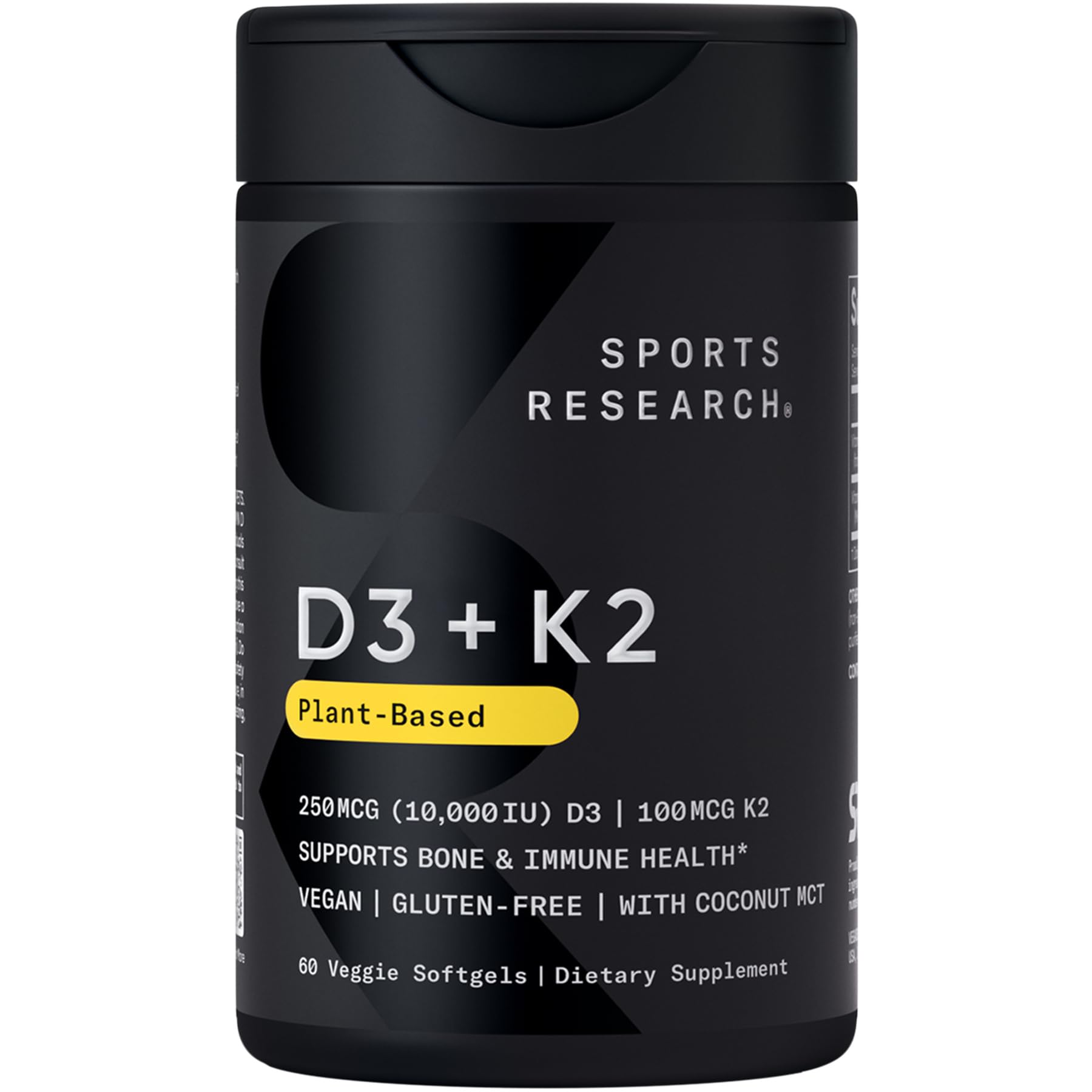 Sports Research Vitamin D3 and K2 softgels bottle demonstrates high-potency immune and bone support.
