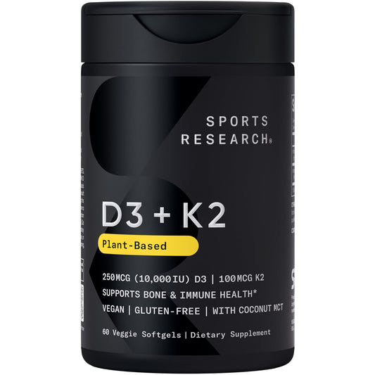Sports Research Vitamin D3 and K2 softgels bottle demonstrates high-potency immune and bone support.