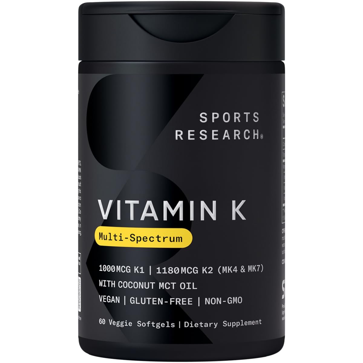 Sports Research Vitamin K Multi-Spectrum bottle front view supports daily bone and vascular wellness.