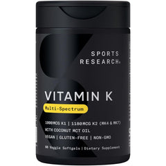Sports Research Vitamin K Multi-Spectrum bottle front view supports daily bone and vascular wellness.