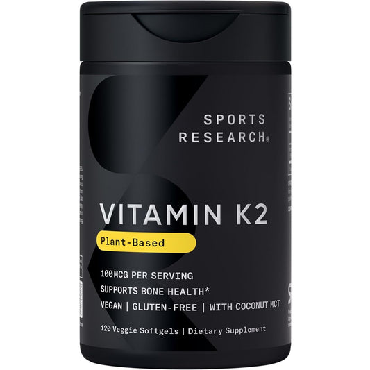 Sports Research Vitamin K2 MK-7 bottle front view highlighting bone and cardiovascular support.