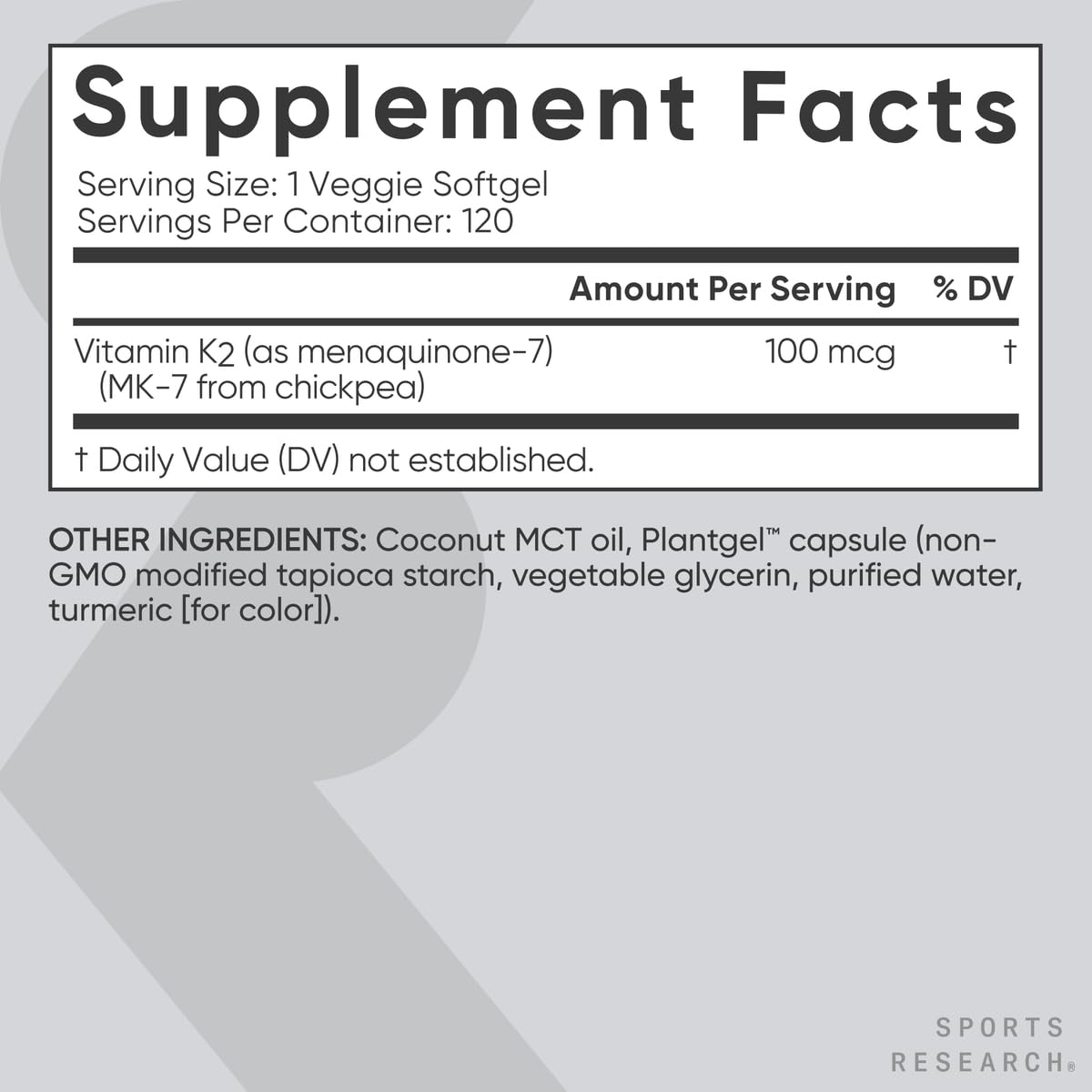 Sports Research Vitamin K2 MK-7 sourced from fermented chickpeas.
