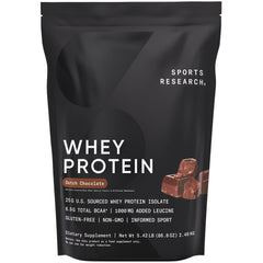 Sports Research Whey Protein bottle with Dutch Chocolate flavor for lean muscle support.