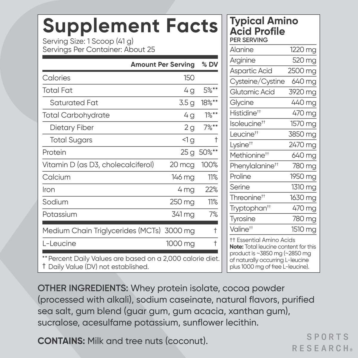 Sports Research Whey Protein Isolate Dutch Chocolate coffee creamer mix.